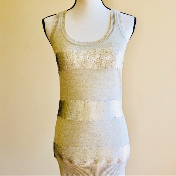 Cache Tops - Caché Gold Sequin Stripe Tank Top Shimmer Metallic